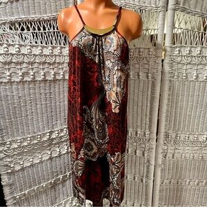 Vtg KARIN STEVENS Tank Dress BOHO‎ Paisley Women XL Gold Metal Neck Accent Short
